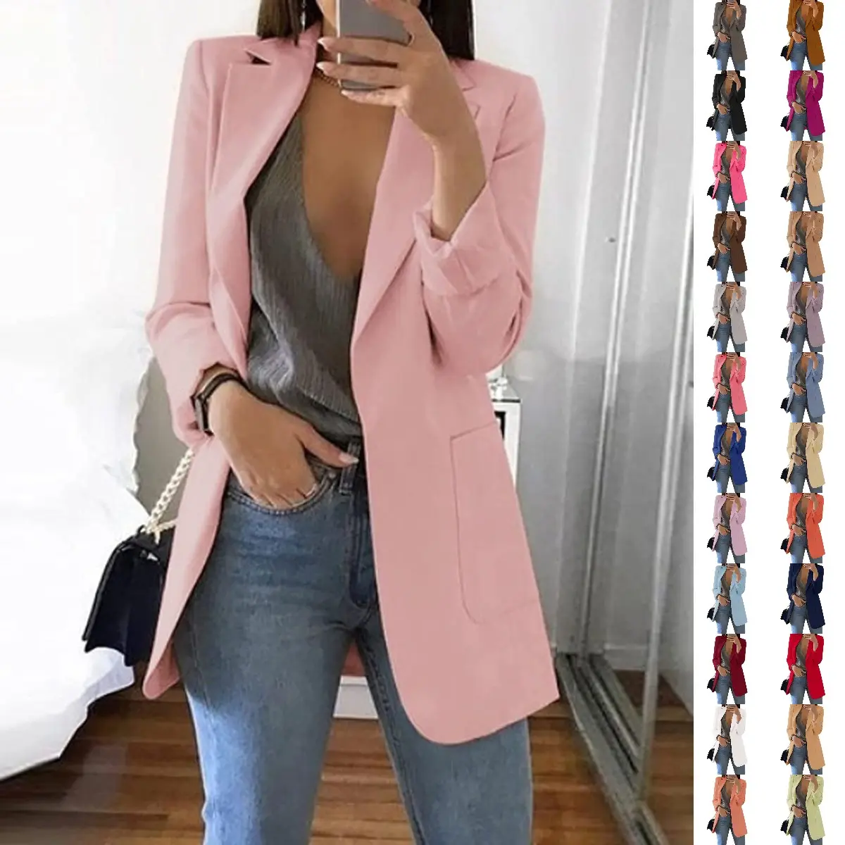 Goranbon Women's Casual Blazers Open Front Long Sleeve Lapel Collar Work Office Jacket
