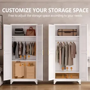 71" Modern Metal Full-Size Freestanding Above-Ground Heavy-Duty Hinged Wardrobe - Hanging Rod, Adjustable Shelves, Black Armoire with Large White Glass Door for Bedroom, Laundry Room, Adjustable Shelves Wardrobes, Freestanding Above-Ground Wardrobes