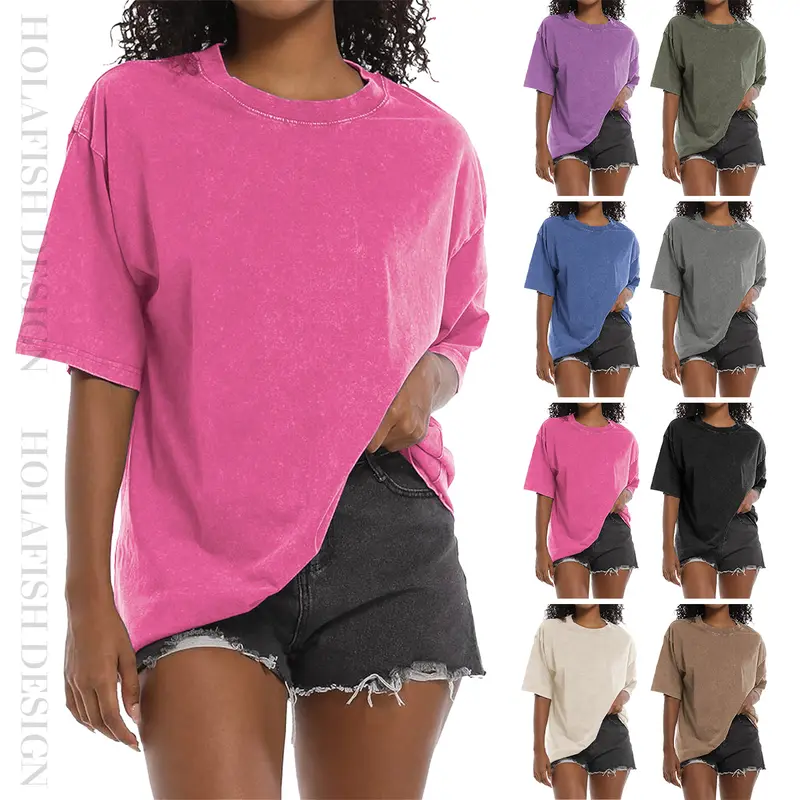[NEW SIZE!]Holafish Women's Acid Washed Heavy Cotton T-Shirt Vintage Style Soft Breathable Crewneck Top for Everyday Wear Pink Minimalist Basic Fit, Retro, StreetwearBack To School, Tshirt