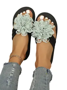 Women's Floral Decorated Flat Sandals, Size 36-43, Three Color Options, PU Leather, Rubber Sole, Fashion Footwear