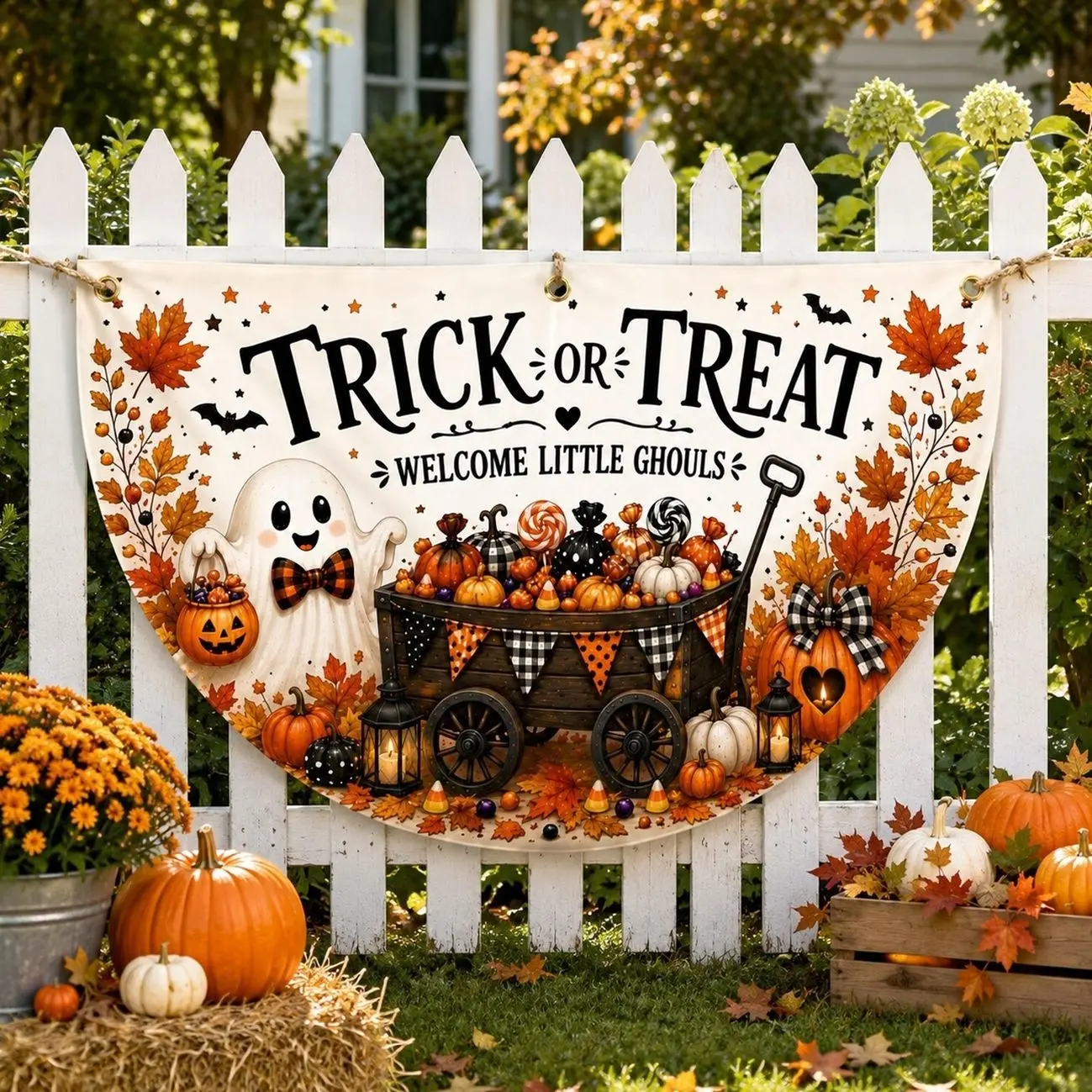 Trick or Treat Ghost Halloween Fan Flag Banner, Halloween Bunting Flag with Grommets, Fall Porch Fence Yard Decor, Indoor Outdoor Party