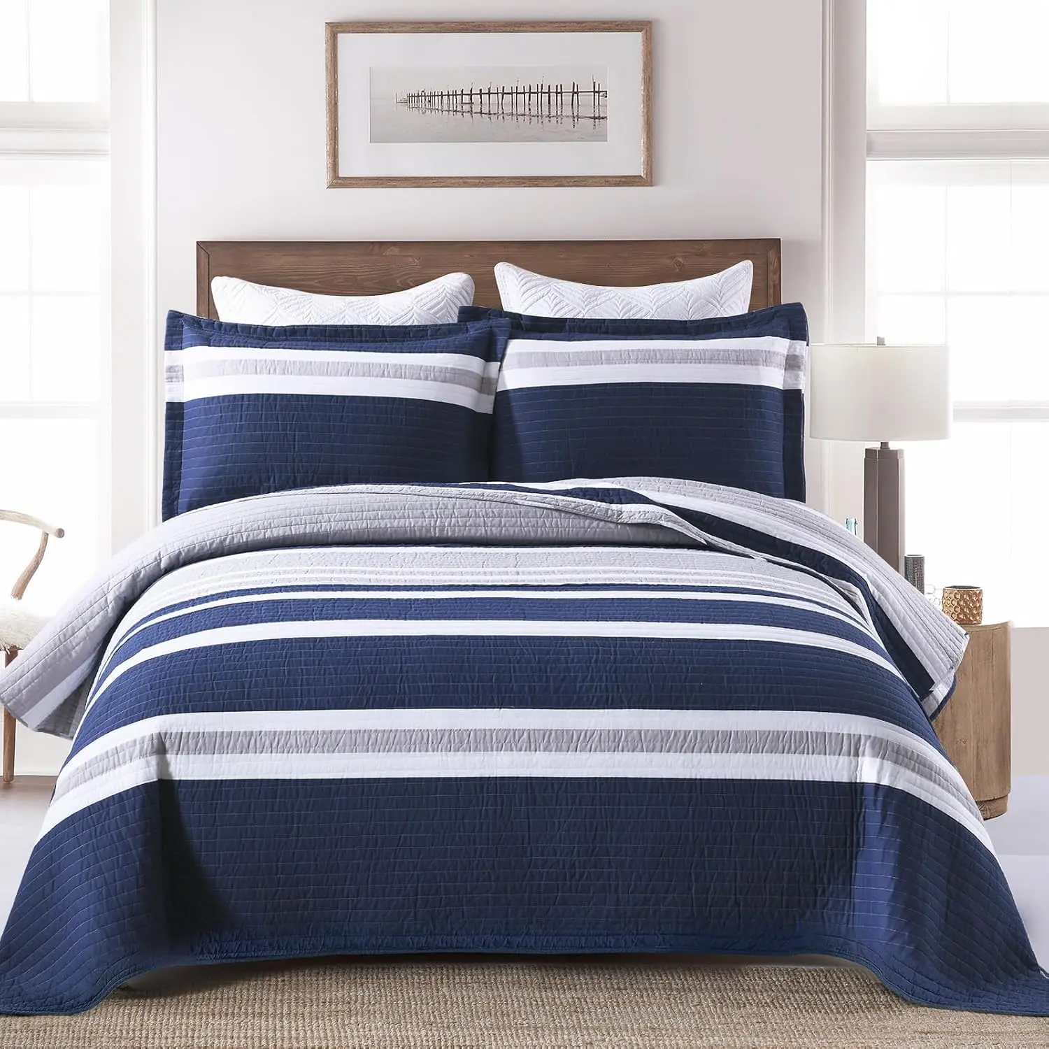 Quilt  Size,    Quilt Set, Navy Blue Striped Quilts,  Quilted Bedding Set Bedspreads, Lightweight Comforter for  Bed,  Season, Navy Blue, 3 count