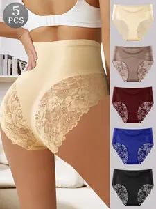 QUASTI 5-Piece High-Waisted Elegant Breathable Lace Women's Panties, Cross-Over Design, Tummy Control and Butt Lifting, Smooth and Soft, High-Elasticity, Seamless Panties, Essential Everyday Panties for Elegance Womenswear, Sizes S-XXL