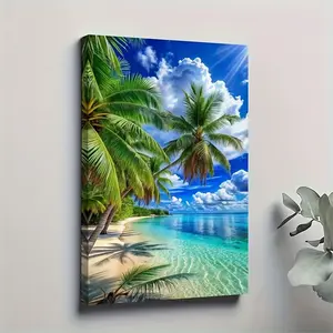 A 2D art painting, a stunning canvas artwork depicting the blue sky and clear sea, accompanied by coconut trees, oil painting, suitable for posters and wall decoration, perfect for the living room, solid wood frame, dimensions are 11.81 x 17.72inch