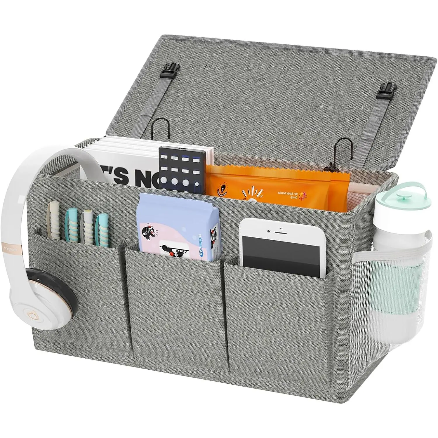P-OMT028   Dual-purpose Bedside Caddy Bedside Organizer, Bed Caddy with 6 Pockets, Versatile Bedside Storage Solution Magazine Remotes holder, ideal for Home, Dorm, Hospital, Crib Bed (Grey)