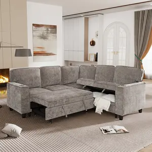 L-Shaped Chenille Sofa with Pull-Out Bed, 5-Seat Sectional Sleeper with Storage Seat & USB Charging, Living Room Apartment Couch, Charcoal Grey/Light Brown