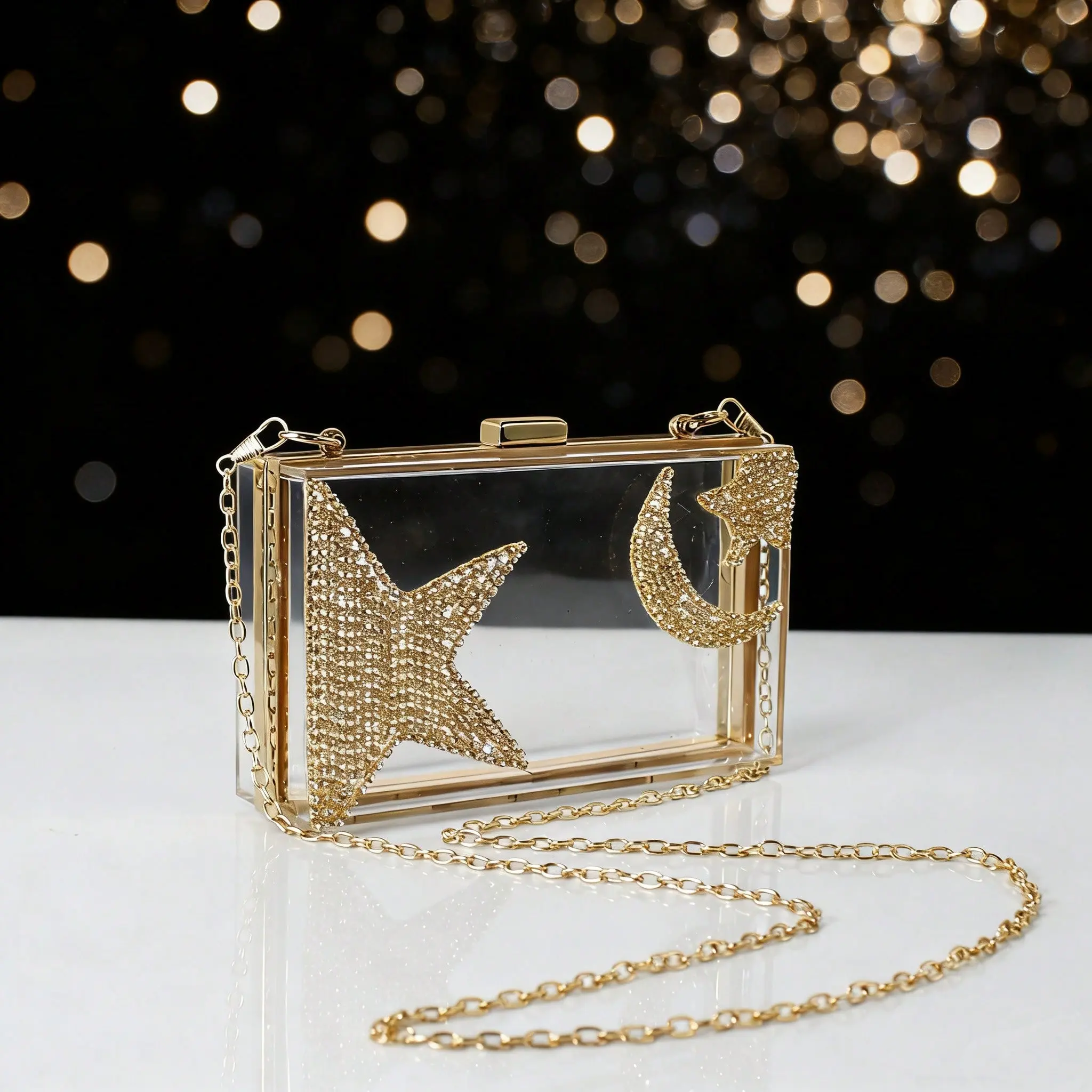 With 1PCS Long Chain Women's Acrylic Clear Evening Clutch Purse Rhinestones Moon&Star Pattern Formal Dinner Bag Box Clutch Bag Handbag for Wedding Bridal Party Banquet Prom Dating Vacation OOTD Outfit
