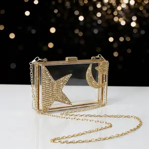 With 1PCS Long Chain Women's Acrylic Clear Evening Clutch Purse Rhinestones Moon&Star Pattern Formal Dinner Bag Box Clutch Bag Handbag for Wedding Bridal Party Banquet Prom Dating Vacation OOTD Outfit