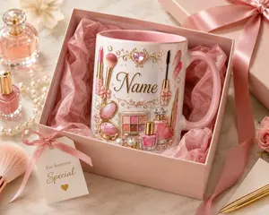 Custom Name Makeup Mug, 2D Printed 3D Effect Glamour Beauty Graphics Coffee Cup for Makeup Lovers and Fashionistas, Stylish Cosmetic Theme Ceramic Mug for Vanity Decor, Perfect Birthday Appreciation Gift Idea