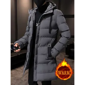 Men'S Casual Hooded Puffer Jacket, Polyester 100% Solid Color Long Length Coat, Non-Stretch Fabric, Regular Sleeve, with Pockets, Zipper Placket, for Casual Wear