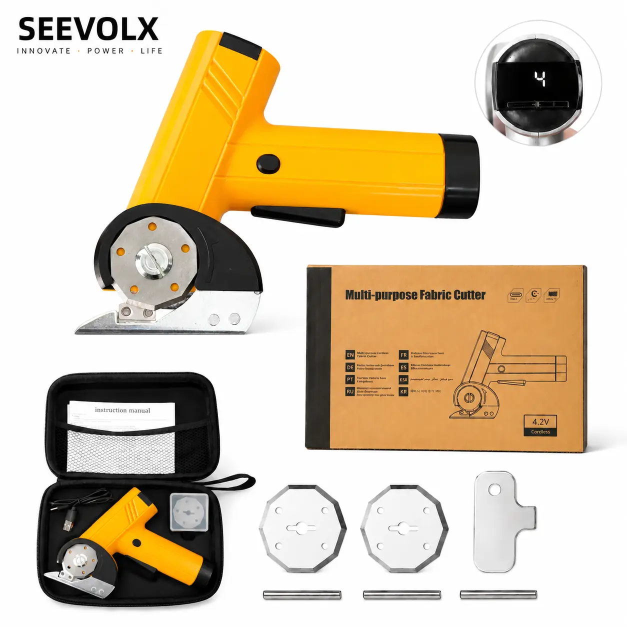 SEEVOLX Cordless Electric Fabric Box Cutter, Portable Lockable Tool with Replaceable Blade, USB Rechargeable, LED Display for DIY Crafts, Crafting, Cardboard Leather Plastic Tasks