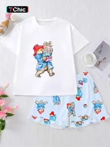 2-Piece Cartoon Paddington Bear Print Women's Pajama Set, Short Sleeve Round Neck Soft Top and Elastic Waist Shorts, Comfortable Home Wear, Loungewear, Homewear, Pjs