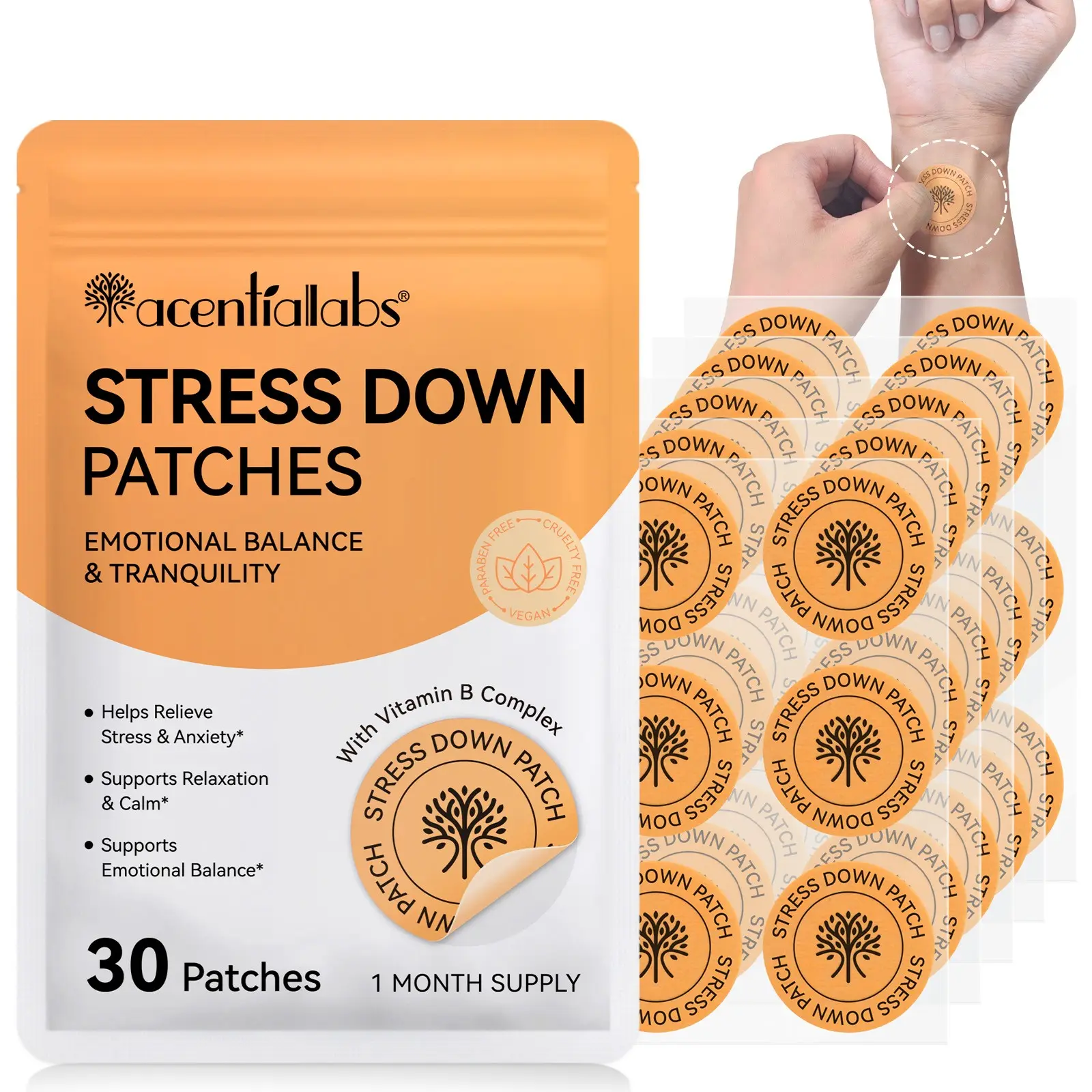acentiallabs Stress Relief Patches (30 count); take one patch per day. Apply externally to the arm for gentle relief. Suitable for daily use, ideal for upcoming public speaking engagements, important meetings, exams, and more. Suitable for both men and wo