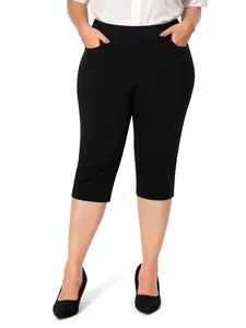 Plus Size Work Casual Button-Hem Pull-On Dress Capris with Two Front Pockets