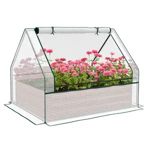 Raised Garden Bed with Mini Greenhouse, Outdoor Metal Planter Box in White and Brown, All-in-One Seed Starting Kit for Backyard Patio or Deck, Heavy Duty Cold Frame Garden Bed for Extending Growing Season Vegetables