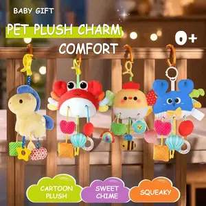 Infant Newborn Crab Hanging Toy for Crib and Stroller, Multifunctional Pull String Sensory Toy with Bell, Rattle, Mirror, Teething Stick, Soft Plush Animal, Rattle Maracas Sensory