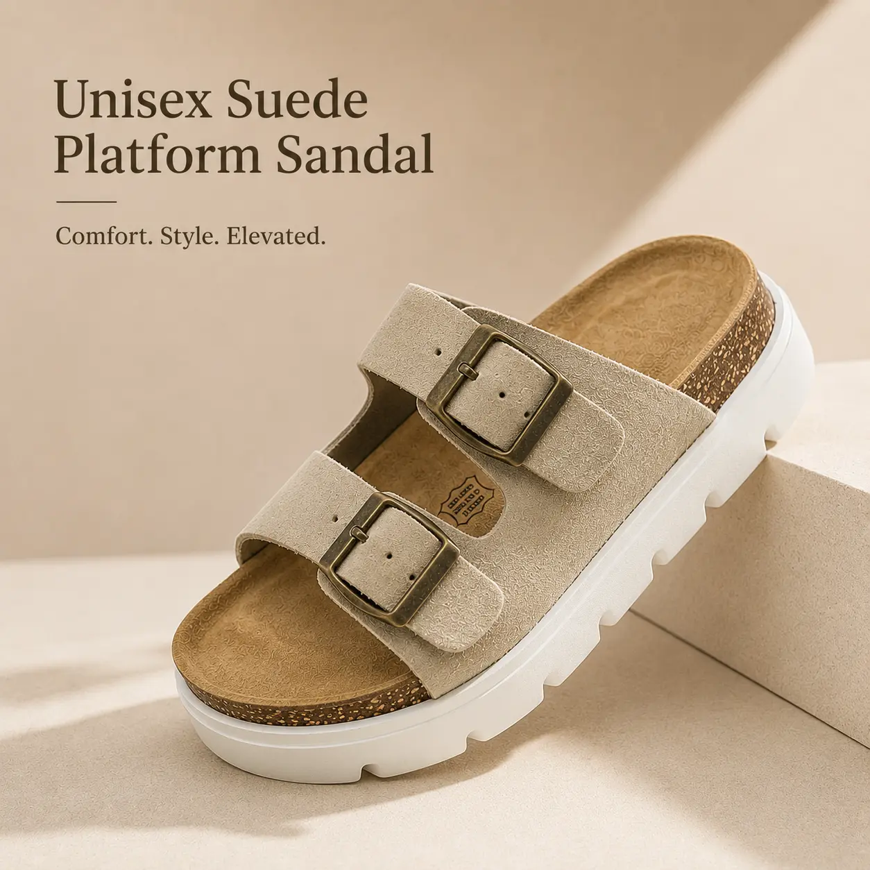Lumubby Women's Suede Platform Sandals with Double Adjustable Buckle, Chunky Flat Heel Slides, Comfortable Summer Shoes for Daily Wear, Flat Heel Sandals, Footwear, Casual Flat Sandals