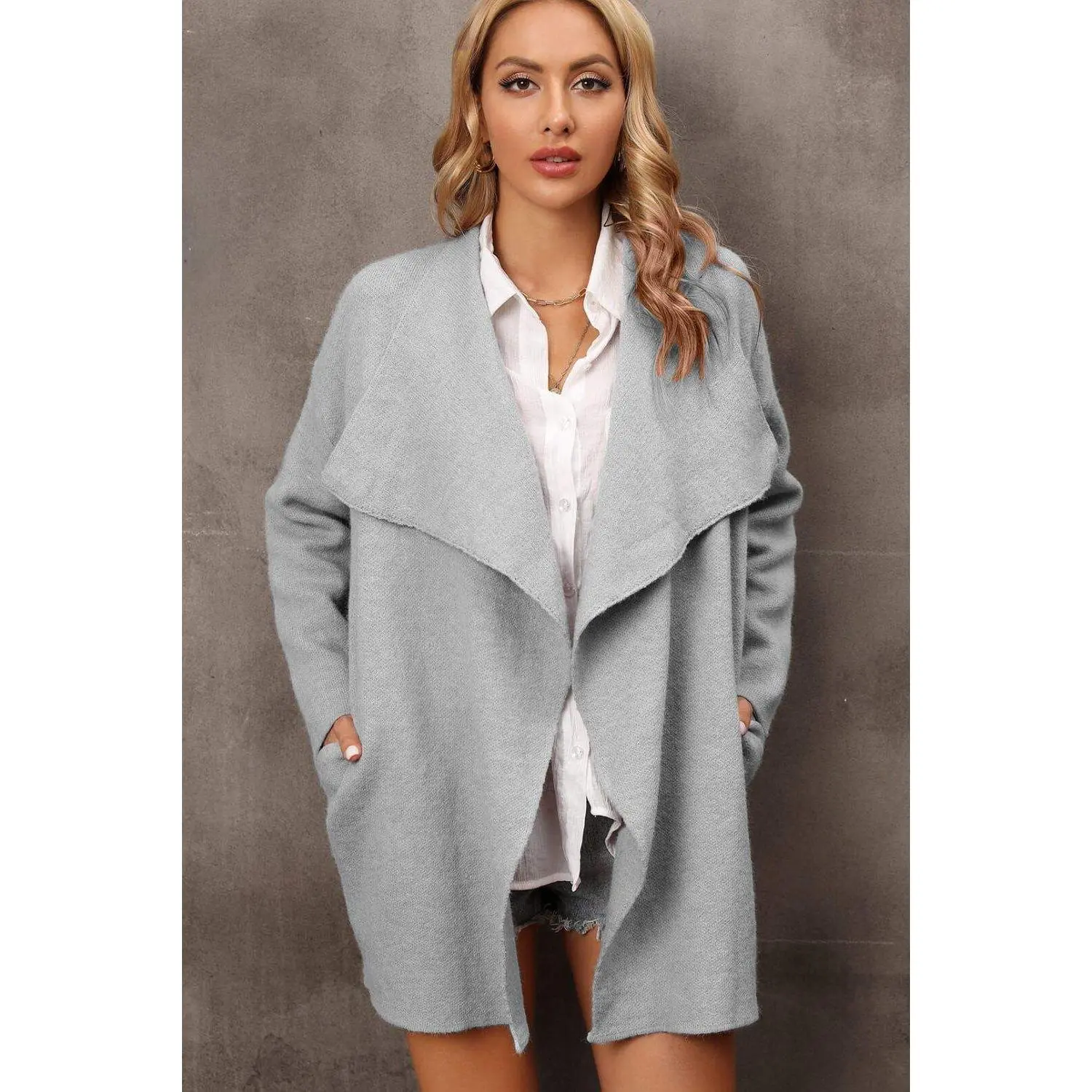 Waterfall Collar Longline Cardigan with Side Pockets