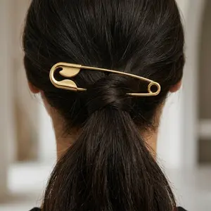 Y2K Edgy Oversized Safety Pin Hair Clip | Jumbo Gold Metal Hair Accessory | Industrial Punk Barrette