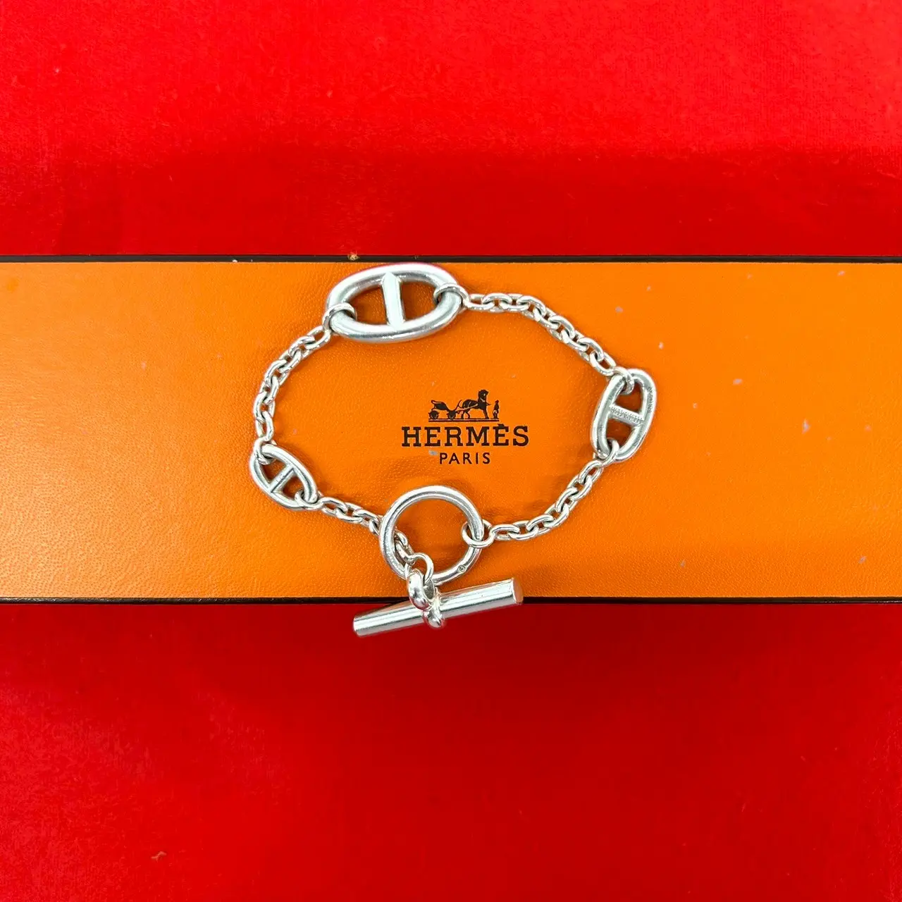 Pre-owned HERMÈS Sterling Silver 925 (Ag925) Small Leather Goods Hermes Farandole LG Silver Bracelet