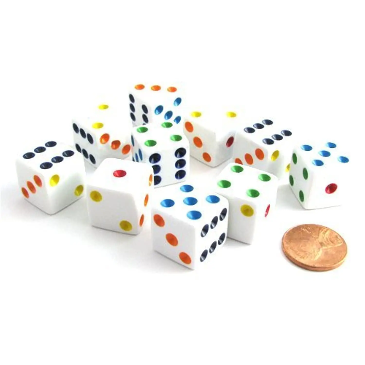 Set of 10 Six Sided D6 16mm Standard Dice White with Multi-Color Pips Set of 10 Six Sided D6 16mm Standard Dice White with Multi-Color Pips