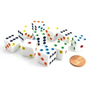 Set of 10 Six Sided D6 16mm Standard Dice White with Multi-Color Pips