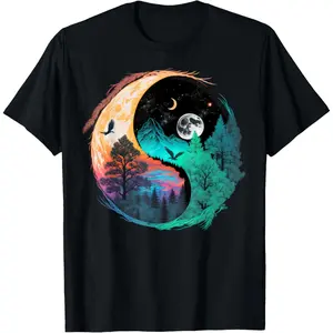 Men's Casual Round Neck Short-Sleeve T-Shirt - Breathable Fabric Streetwear Top with Meditation Taoism Yin Yang Taijitu Nature Print, Zen Mythological Religious Print Men's Tshirt
