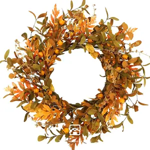 20'' Fall Wreath Autumn Wreath for Front Door with Small Pumpkins and Oak Leaves for Thanksgiving Halloween Home Outdoor Farmhouse Porch Wall Window Decoration,Brown Gift Box Included Ornaments Round