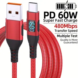 LAIHONEN 60W Ultra-Fast Charging USB A to Type-C Cable with LED Digital Display, Super Fast Charging, Glossy Finish, Data Sync, USB Power Delivery, 20V3A High Current, Compatible for iPhone 15/16, for Xiaomi, for POCO,for Samsun