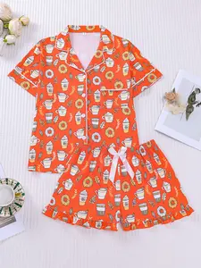 2-piece set of vibrant orange coffee donut printed short sleeved shorts with small pockets, button closure, elastic waistband, suitable for soft, comfortable, skin friendly, smooth all season home, casual wear, Loungewear, pajamas