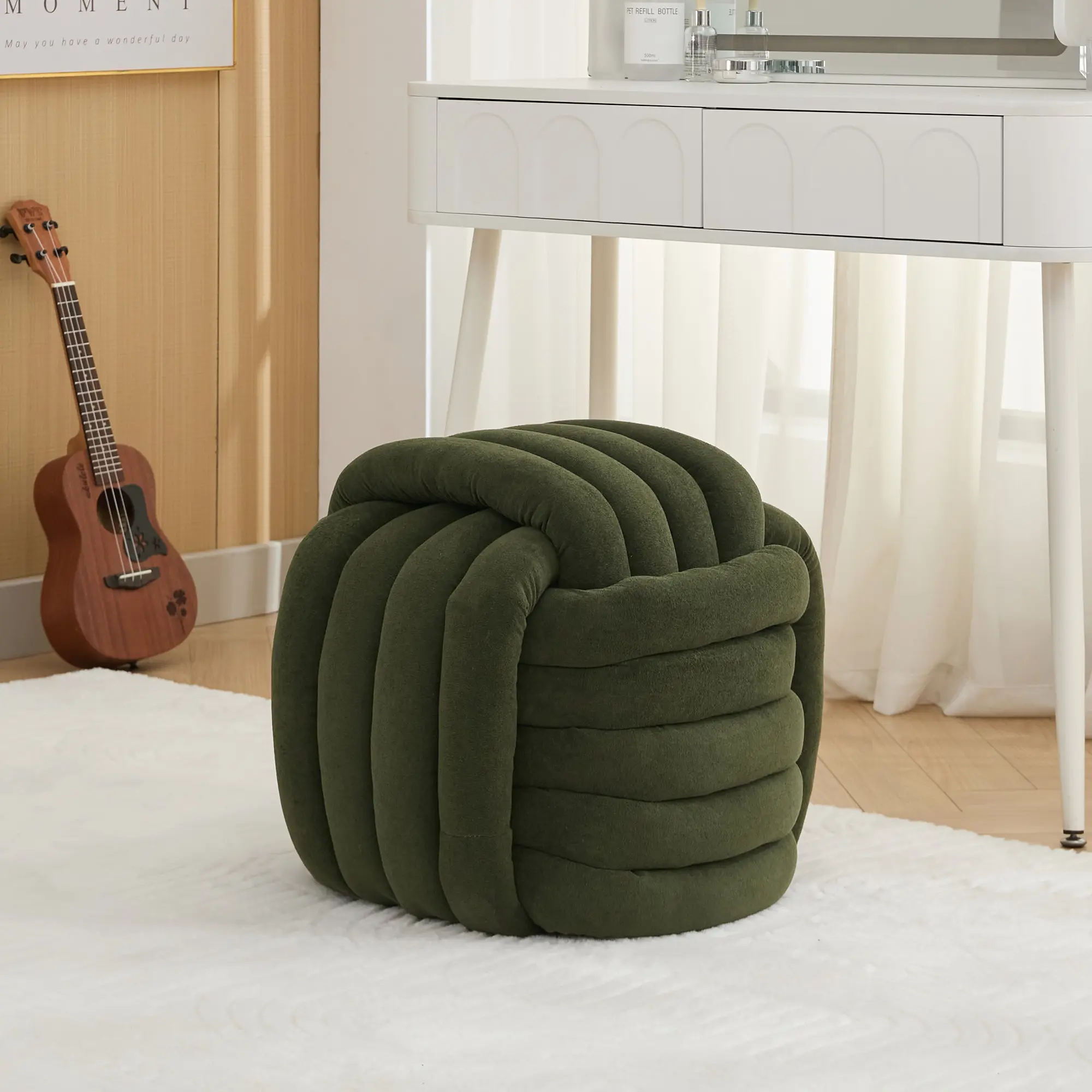 Green Chenille Knot Ottoman, 19.3x19.3x17.7in, Foam Filled Wood Frame, No Assembly, 250lbs Capacity, Modern Accent for Living Room Bedroom