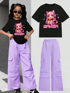 Girls Summer Cartoon Print Short Sleeve Workwear Pants Set, Breathable Comfort Fabric, Round Neck T-Shirt, Two-Piece Set, Essential Item