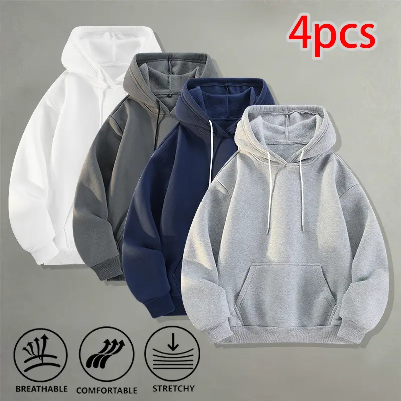 4 Pieces Multicolor Solid Hoodies, Breathable Stretch, Long Sleeve Pullover Hoodies for Daily Walking, Shopping, Streetwear