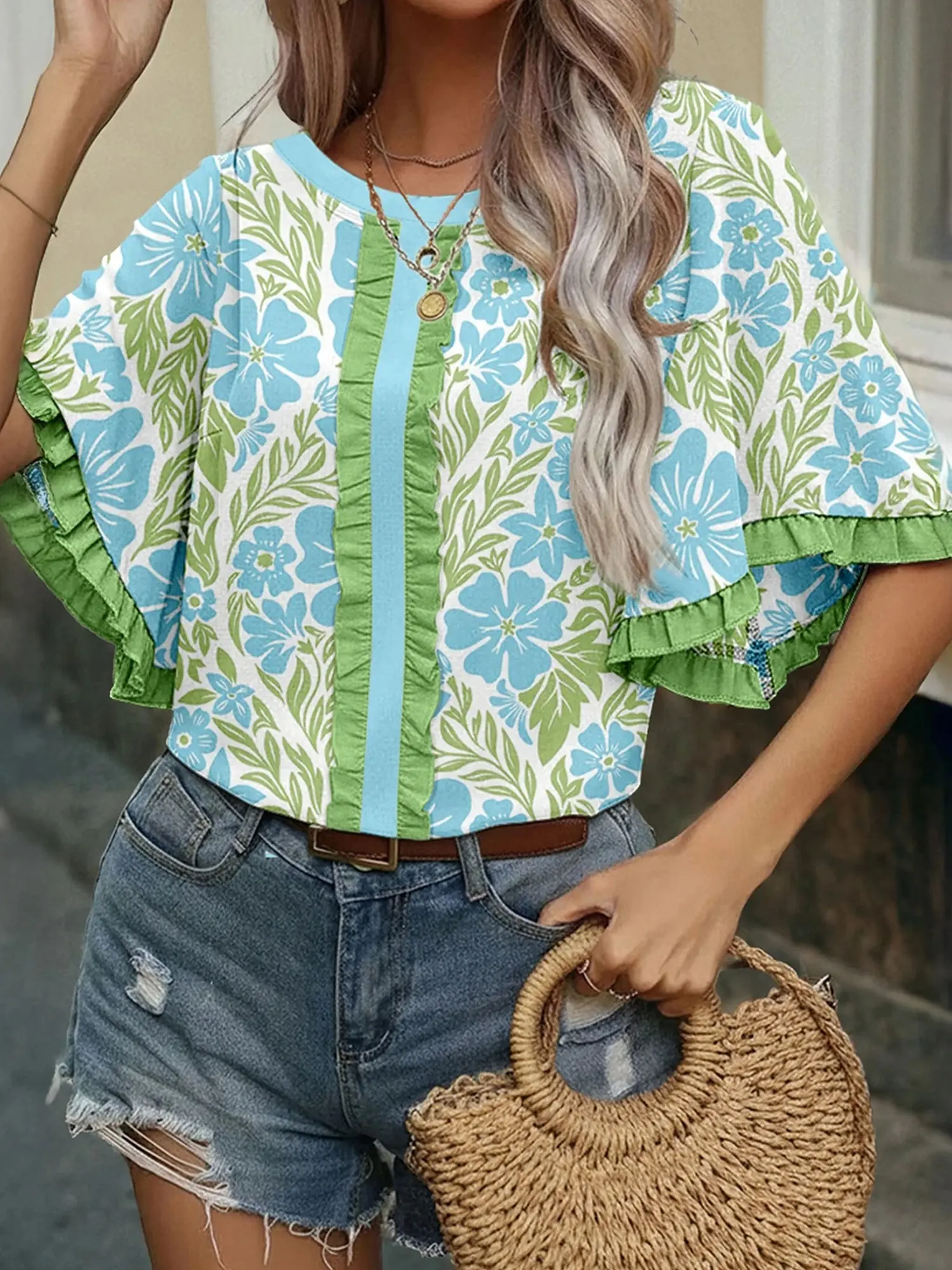 Women's Floral Blouse with Ruffled Half Sleeve, a Casual Elegant Viscose Style with Colorblock Trim for Going Out & OOTD Ideas, Shirts, Dress Casual, Trendy Blouses, Style Inspo, Blouse Shirt