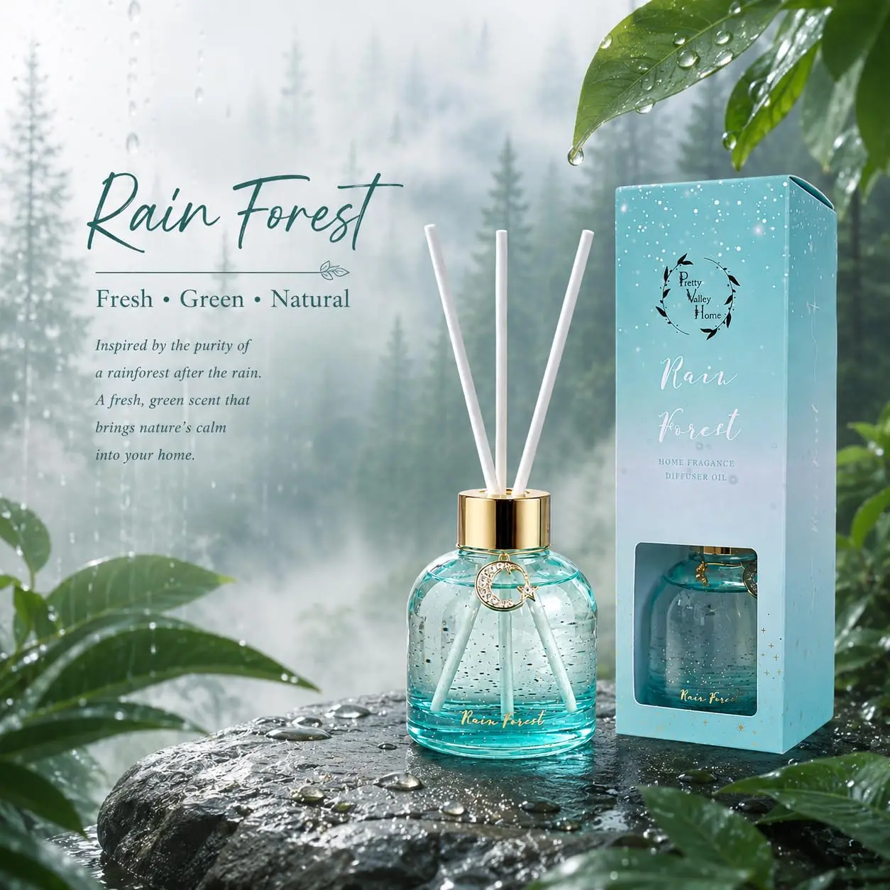 Reed Diffuser Set, Pretty Valley Home Diffuser 80Ml / 2.7 fl OZ Gift Box - Includes Reed Diffuser Sticks, Long Lasting Fragrance Oil and Glass Bottle for Office Living Room Decor (Rain Forest)