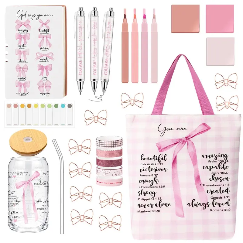 Gejoy Bible Journaling Kit Christian Gift 29 Pcs Bible Study Supplies with Large Canvas Bag Highlighters Notebook 16oz Glass Cup Ballpoint Pens Sticky Notes Religious Gift for Christian Women, Sunday Prayer Use Holy Cross Gift