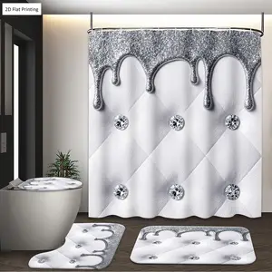 1/3/4PCS Glamorous with Silver Glitter and Diamond like Buttons Shower Curtain Set with Rugs, Non Slip Bath Mat, U-Shape Carpet, Toilet Lid Cover, Polyester Fabric Bathtub Curtain Accessories, 12 Hooks, Home Bathroom Festival Decor