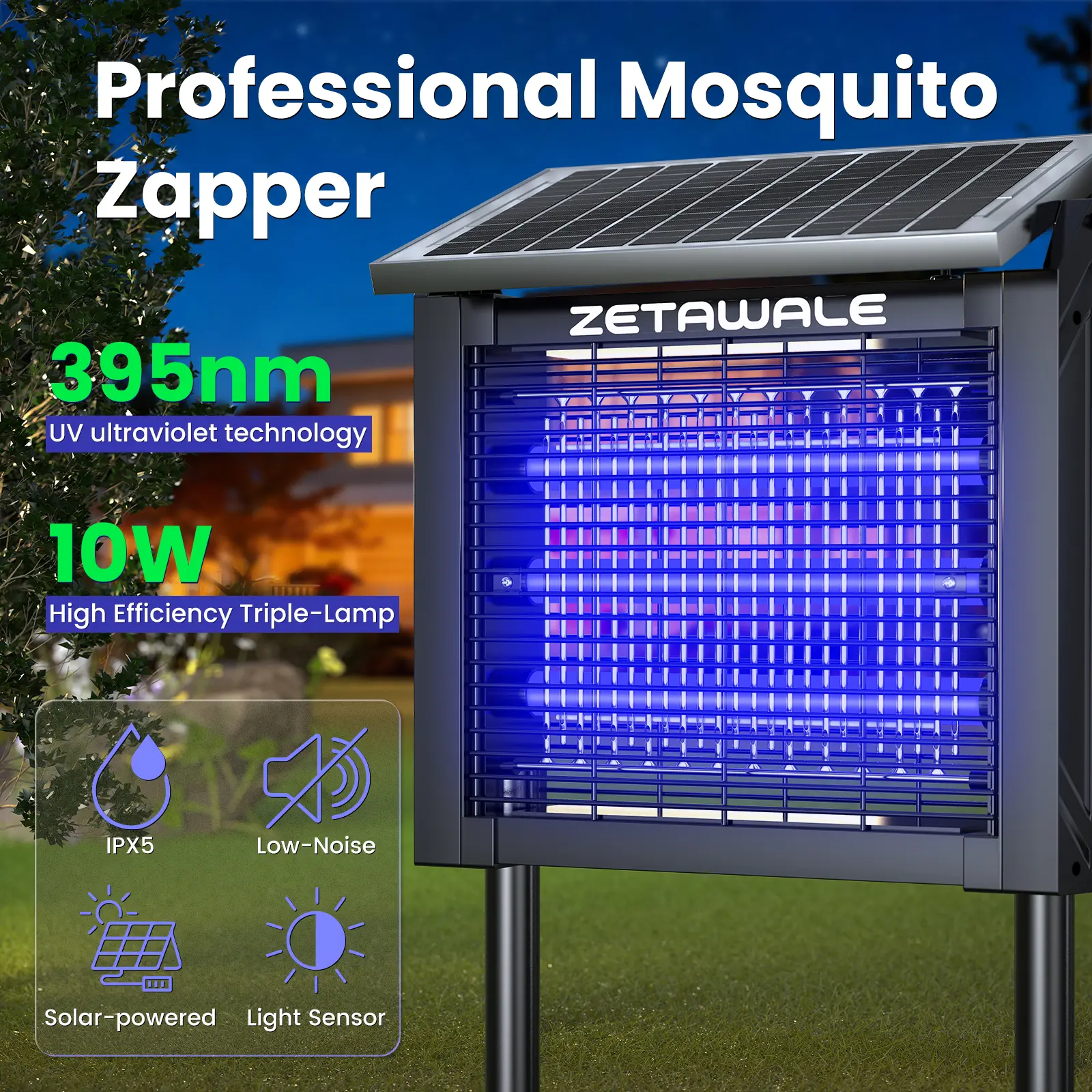 Solar-Powered Electronic Mosquito Killer Lamp - 4500V Grid, 10W Rechargeable Waterproof Bug Zapper, High-Efficiency Electronic Pest Repellent with Auto Mode, Energy-Conserving Cells, 1.6ft Ground Stake, 2ft Hanging Chain for 2000 sq Patio