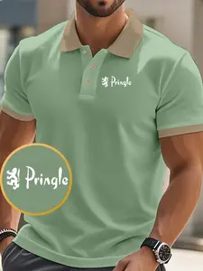 Men's Pringle Scottish Lion Emblem Polo Shirt, Breathable Cotton Slim Fit, Casual Business Style, Ideal for Golf, Commute, Office