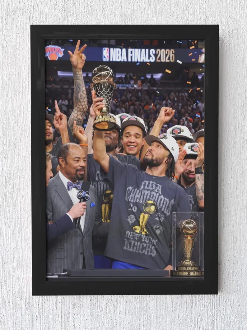2026 New York Knicks NBA Finals Championship Artistic Wall Poster, Basketball Print Artwork, Jalen Brunson Celebration Photo, Sports Room Home Decor, NBA Fan Gift