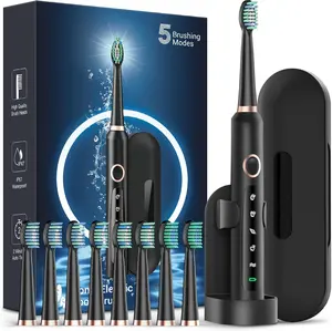 RTAUYS M5 Sonic Electric Toothbrush for Adults - Rechargeable Electric Toothbrushes with 8 Brush Heads & Holder, Travel Case, Power Electric Toothbrush with Holder，3 Hours Charge for 120 Days Gift Oral Sensitive Water Proof Cleansing Black