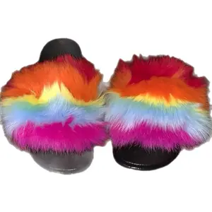 Rainbow Fur Slides - Colorful Faux Fur Design with Black Base Shoes Women Soft Casual
