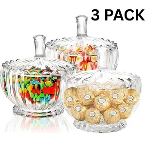 3 Pack Glass Candy Dish with Lid Large, 34 Oz Crystal Decorative Covered Sugar Bowl, Clear Biscuit Barrel Candy Buffet Box Storage Container for Snack, Gift, 6", Vintage Stripe Style