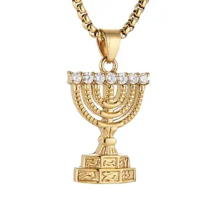 Menorah 7 Branch Necklace Stainless Steel Gold Jerusalem Temple Pendant Hanukkah Jewelry Gift for Men Women