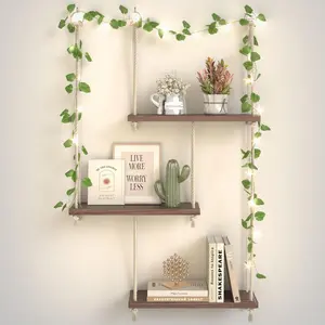 Hanging Shelves for Wall with Vine Lights, 3 Tier Rope Wall Hanging  Shelf, Boho Wall Decor Aesthetic for , Bedroom, Living Room, Bathroom (Rustic Brown)