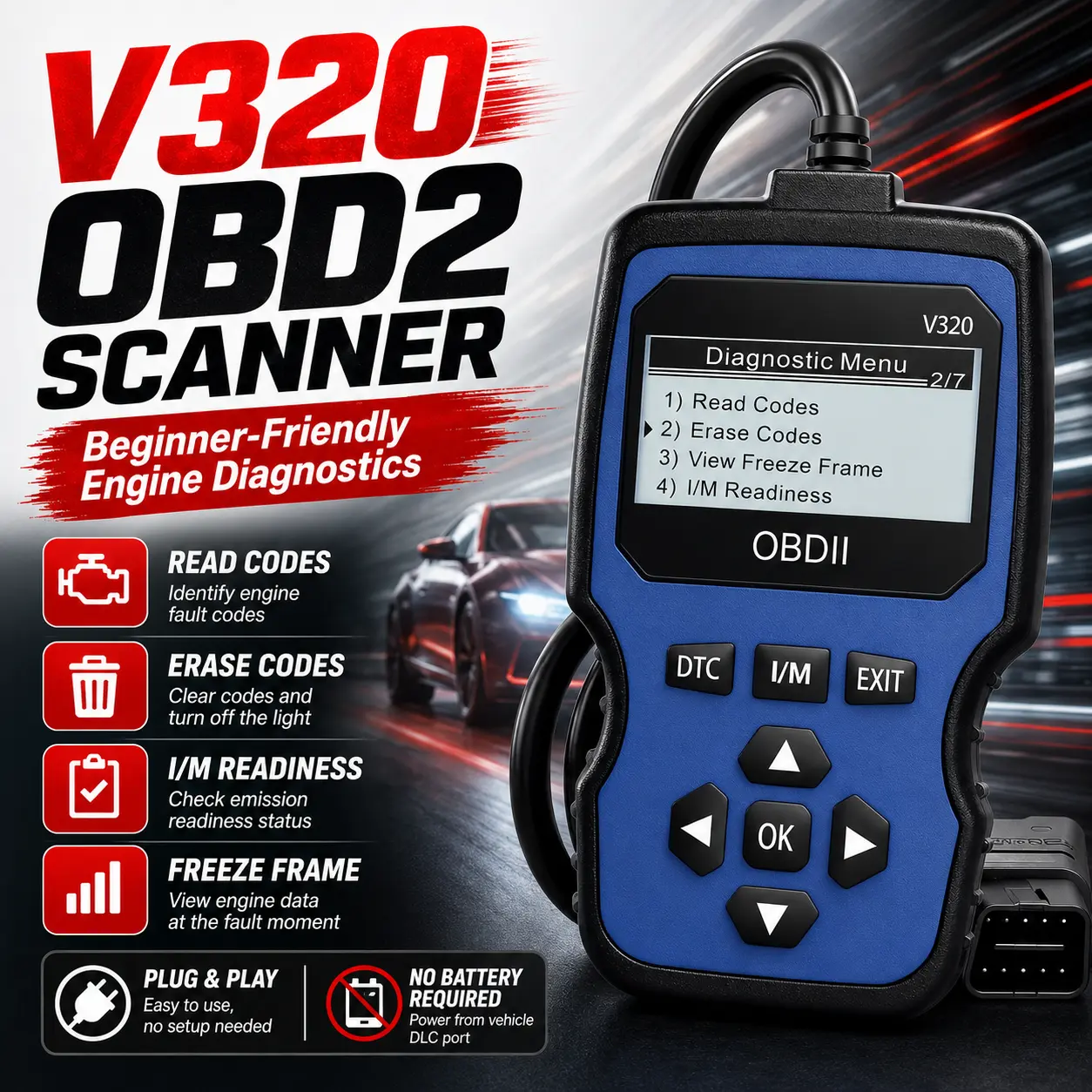 V320 OBD2 Car Engine Code Reader Diagnostic Tool, with Fault Code Read & Clear, Freeze Frame, and I/M Readiness Functions