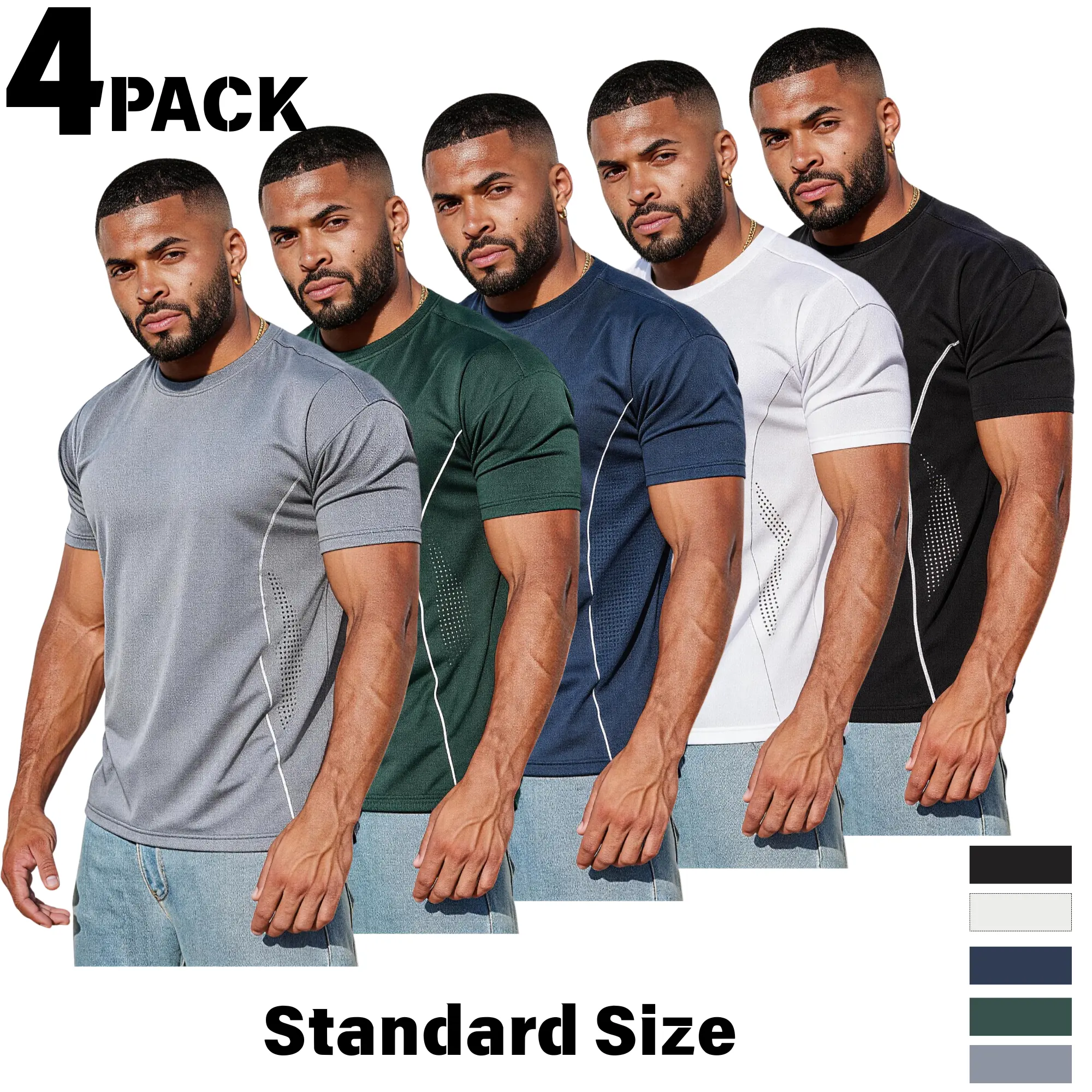 4-Pack Men's T-Shirts, Slim Fit Quick-Dry Athletic Crew Neck Tops with Breathable Mesh for Running & Fitness