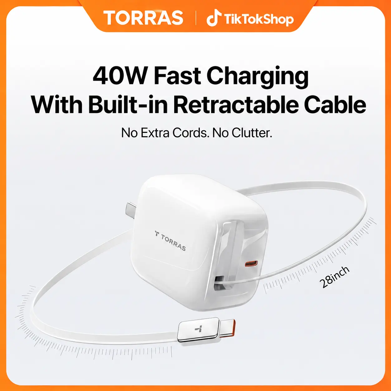 TORRAS FlexLine 40W Fast Charging USB-C Wall Charger, Dual-Port, Retractable Built-In 28" Cable, Compact Foldable Plug, Advanced GaN Power Adapter, for iPhone 17/16/15 Series, MacBook, Airpods, and More, Perfect for Travel  summerwins A
