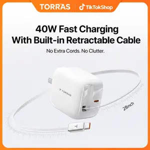 TORRAS FlexLine 40W Fast Charging USB-C Wall Charger, Dual-Port, Retractable Built-In 28" Cable, Compact Foldable Plug, Advanced GaN Power Adapter, for iPhone 17/16/15 Series, MacBook, Airpods, and More, Perfect for Travel  A