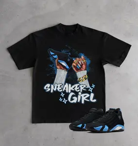 100% Cotton Shirt Match AJ 14 Black University Blue Sneaker Matching Sneakerhead Girl Nail